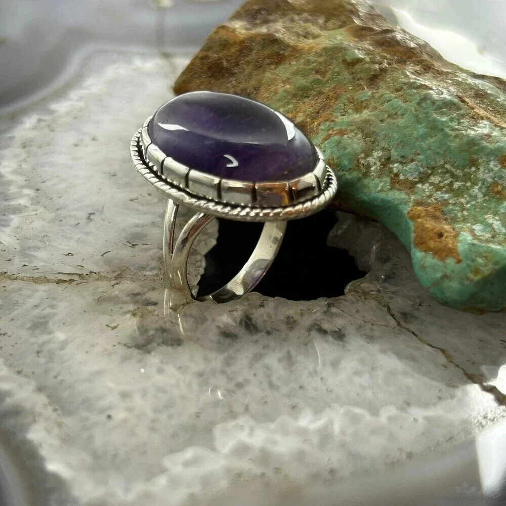 Sterling Silver Southwestern Style Oval Translucent Amethyst Ring 7.5 For Women